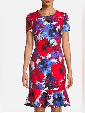 Maggy London Red & Blue Floral Scuba Dress - Size 12